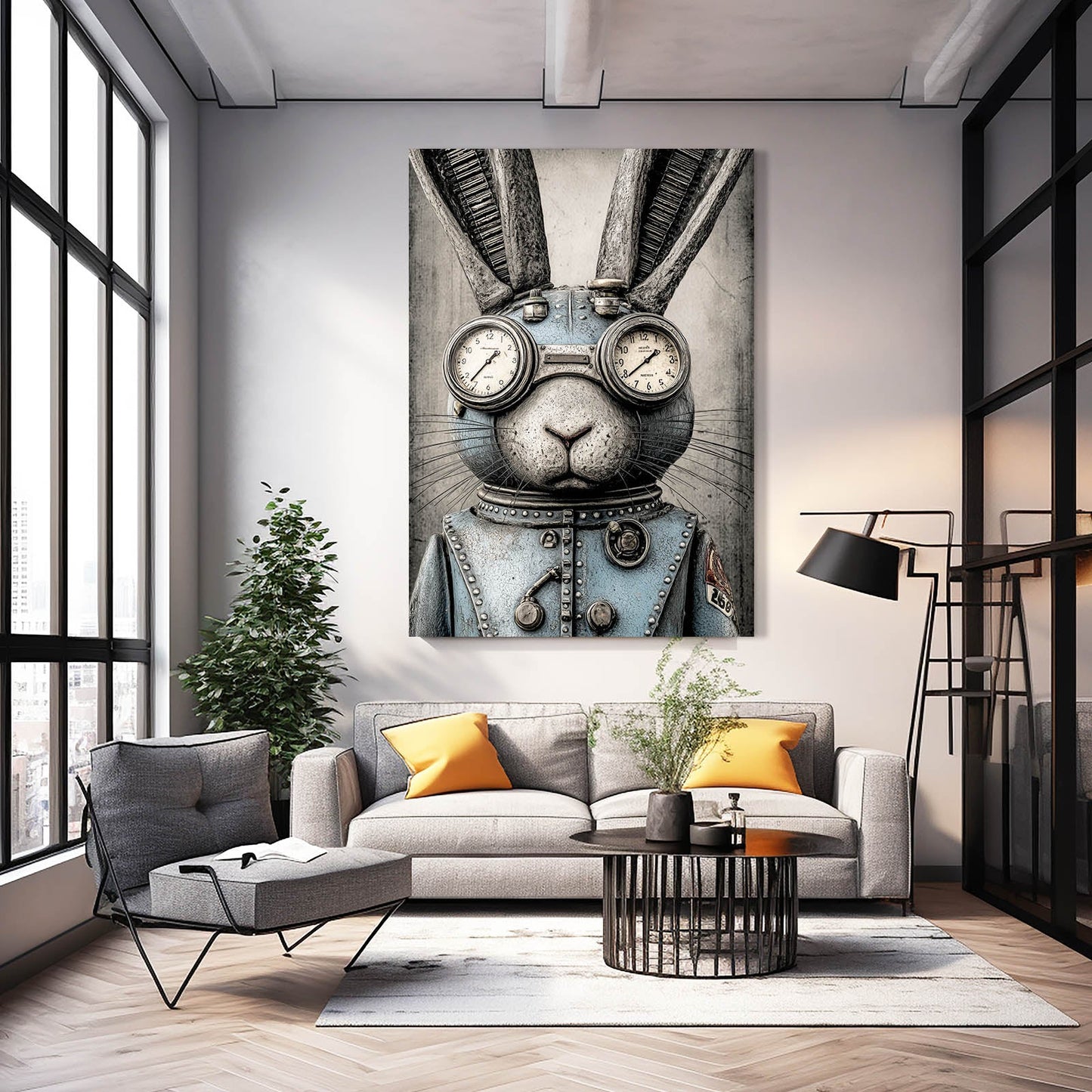 Steampunk Bunny Art – angled canvas view on white background