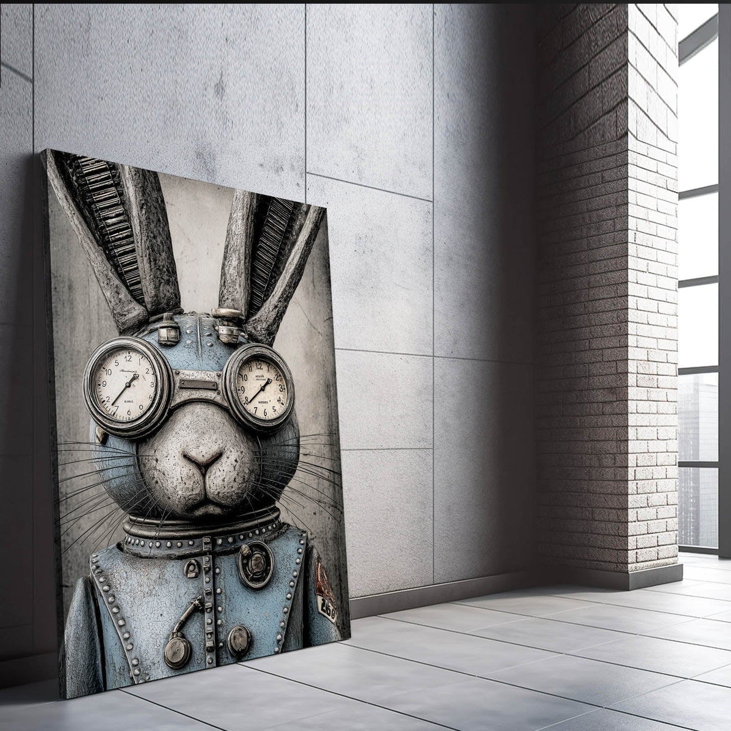 Steampunk Bunny Art – angled canvas view on white background