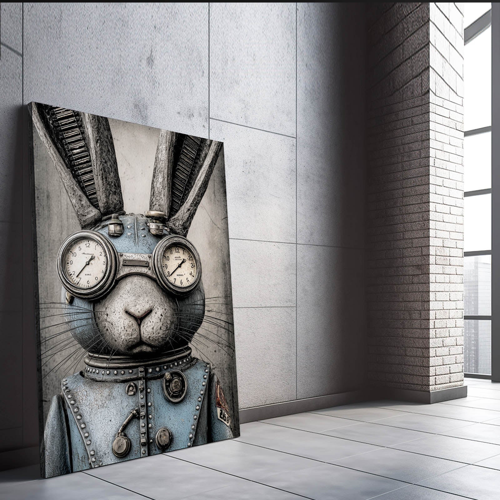 Steampunk Bunny Art – angled canvas view on white background