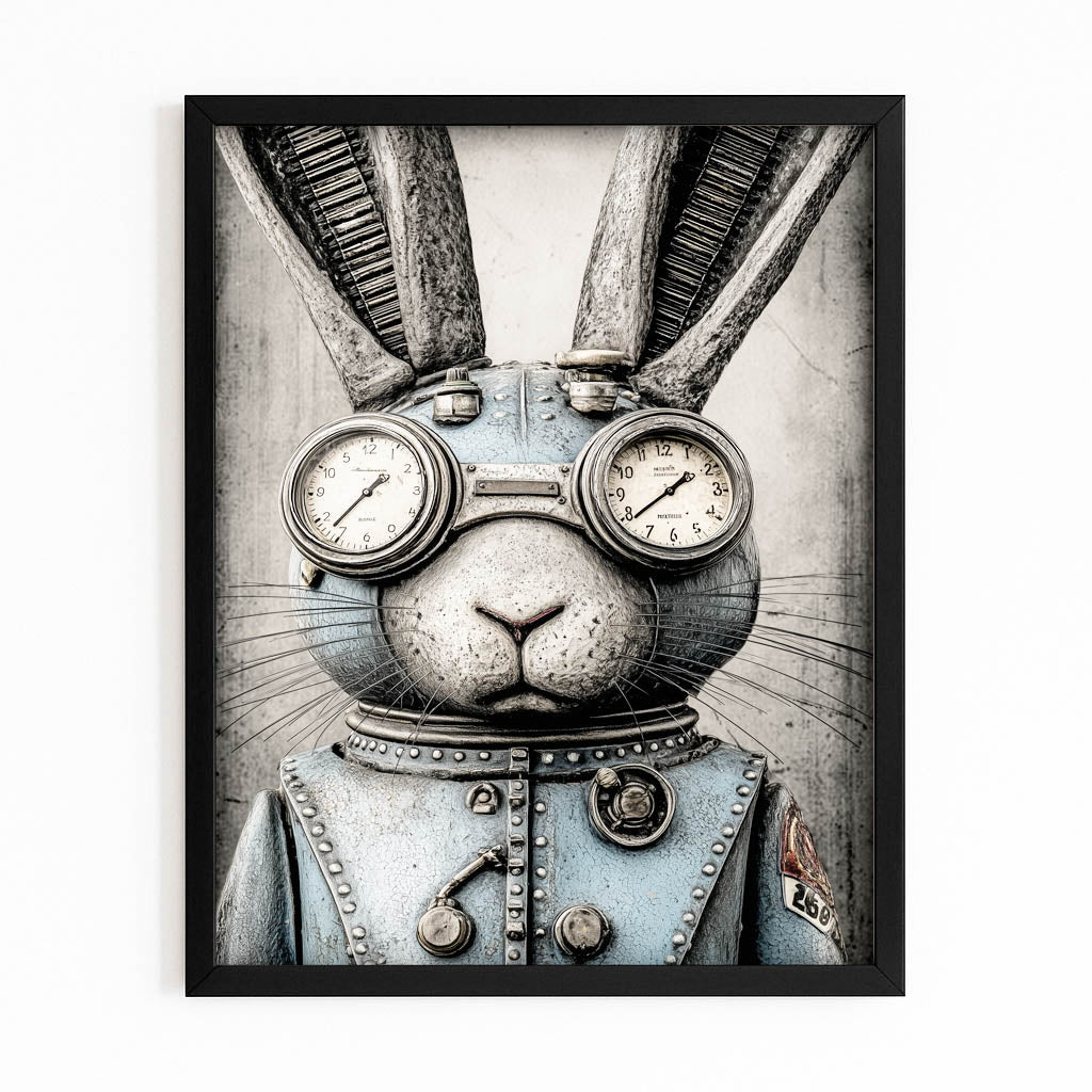 Steampunk Bunny Art – with Premium Black frame on white background