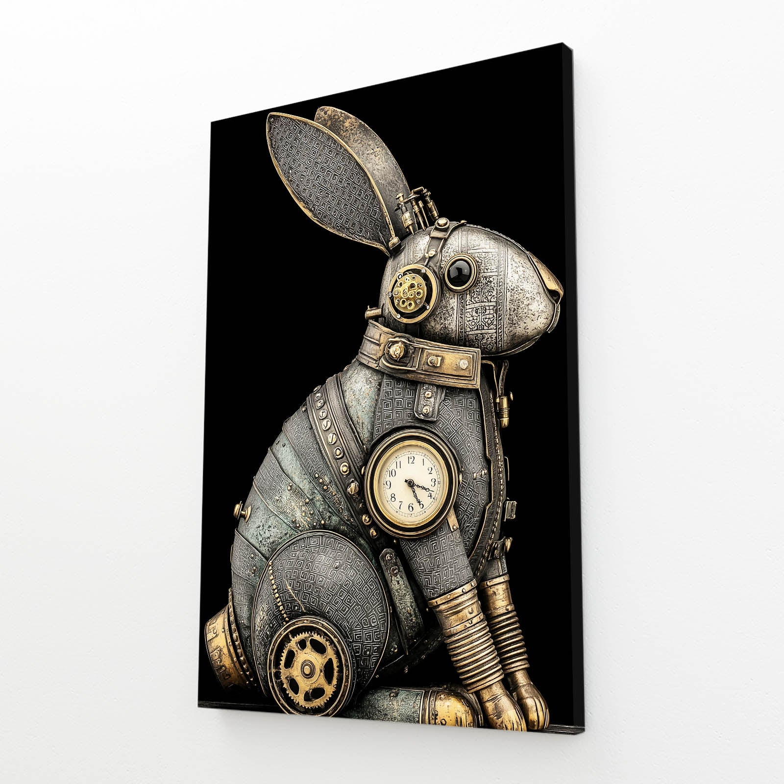 Steampunk Bunny Wall Art – angled canvas view on white background