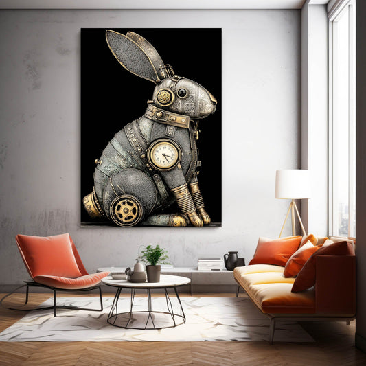 Steampunk Bunny Wall Art – angled canvas view on white background