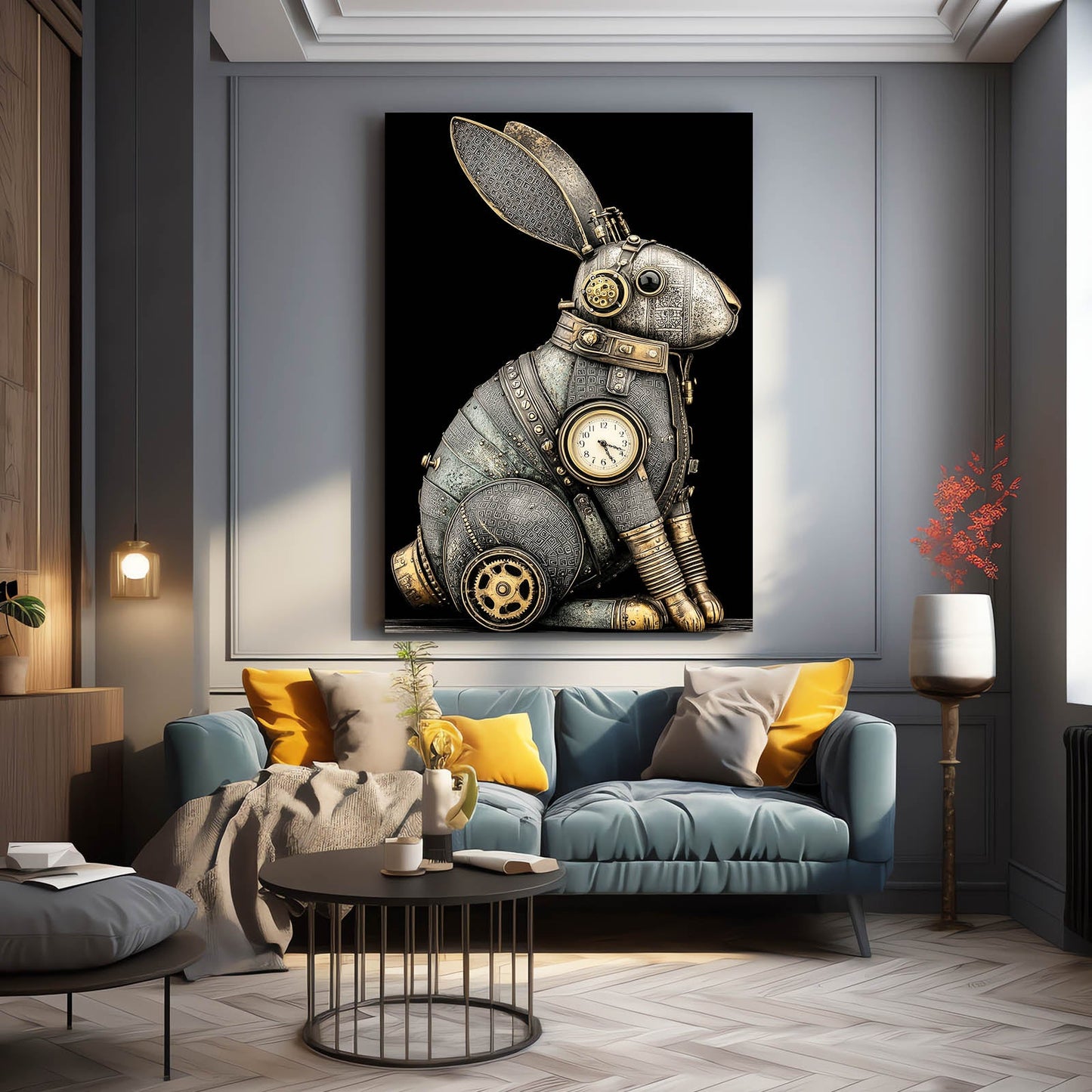 Steampunk Bunny Wall Art – angled canvas view on white background