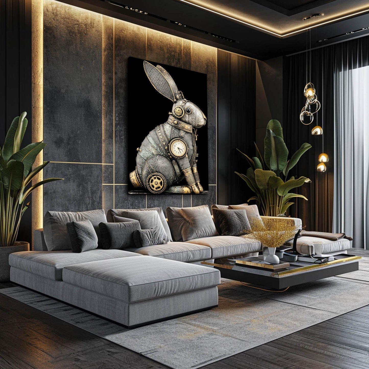 Steampunk Bunny Wall Art – angled canvas view on white background