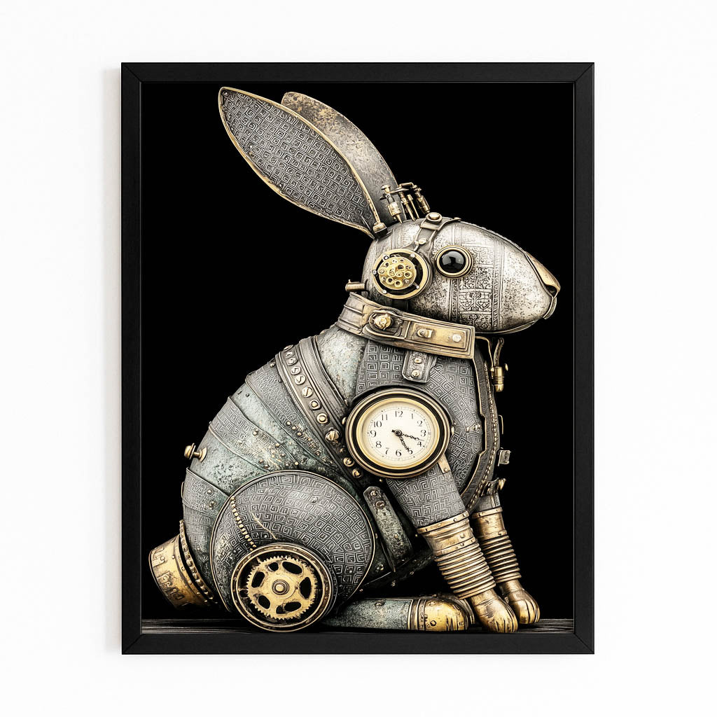 Steampunk Bunny Wall Art – with Premium Black frame on white background
