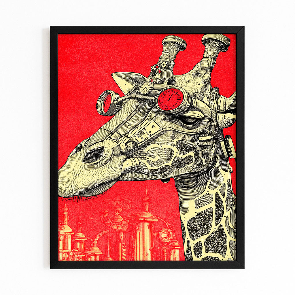 Steampunk giraffe illustration on a red background