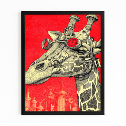 Steampunk giraffe illustration on a red background