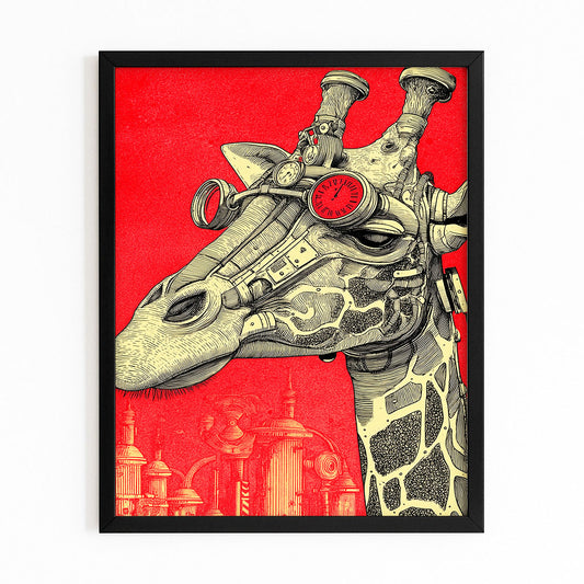 Steampunk giraffe illustration on a red background