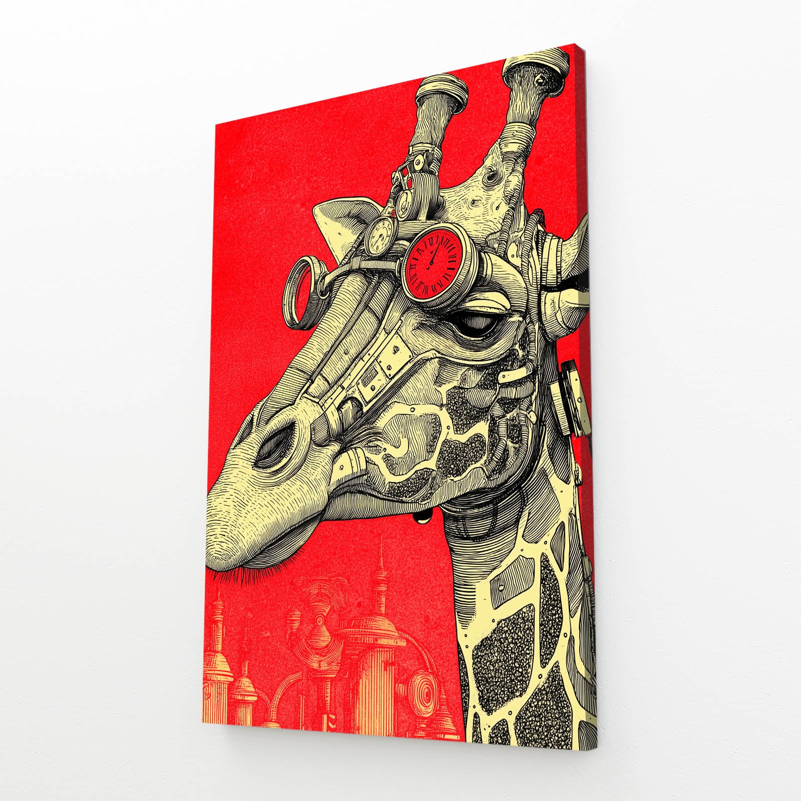 Canvas print of a steampunk giraffe design on a red background