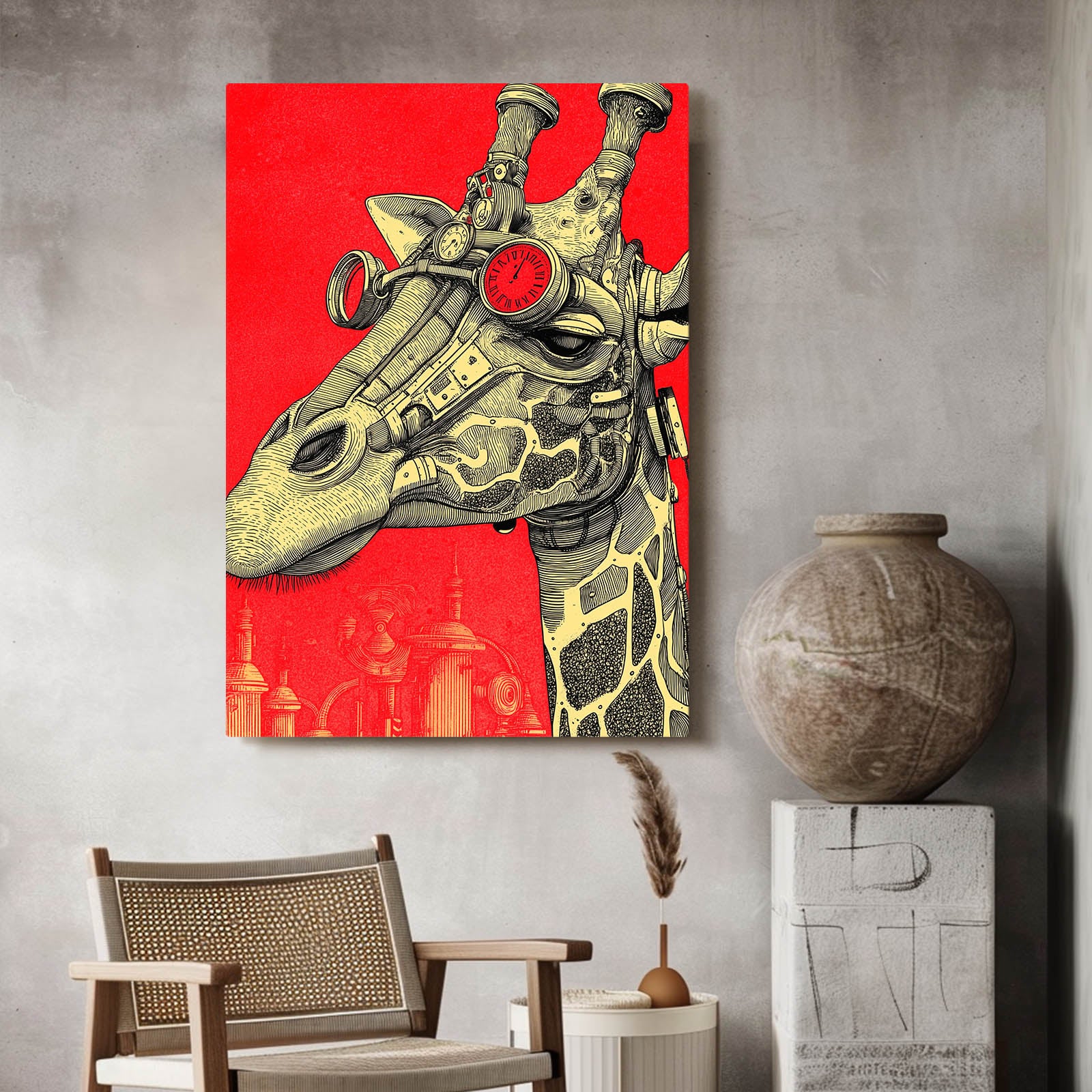 Giraffe painting with mechanical elements on a red background in a room with a chair and vase.