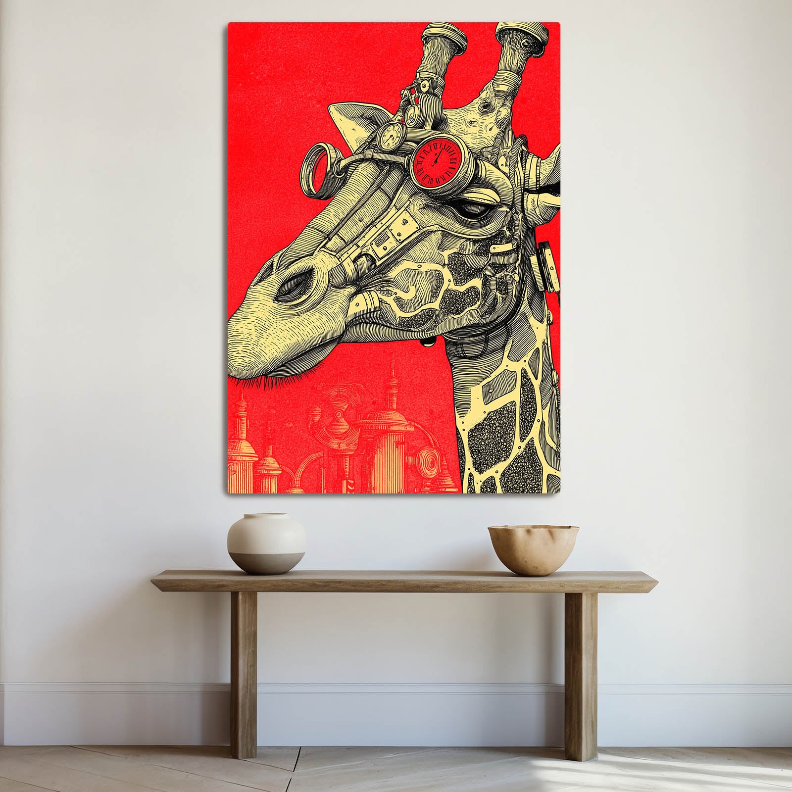 Giraffe head artwork on a red background above a wooden table with two ceramic bowls.