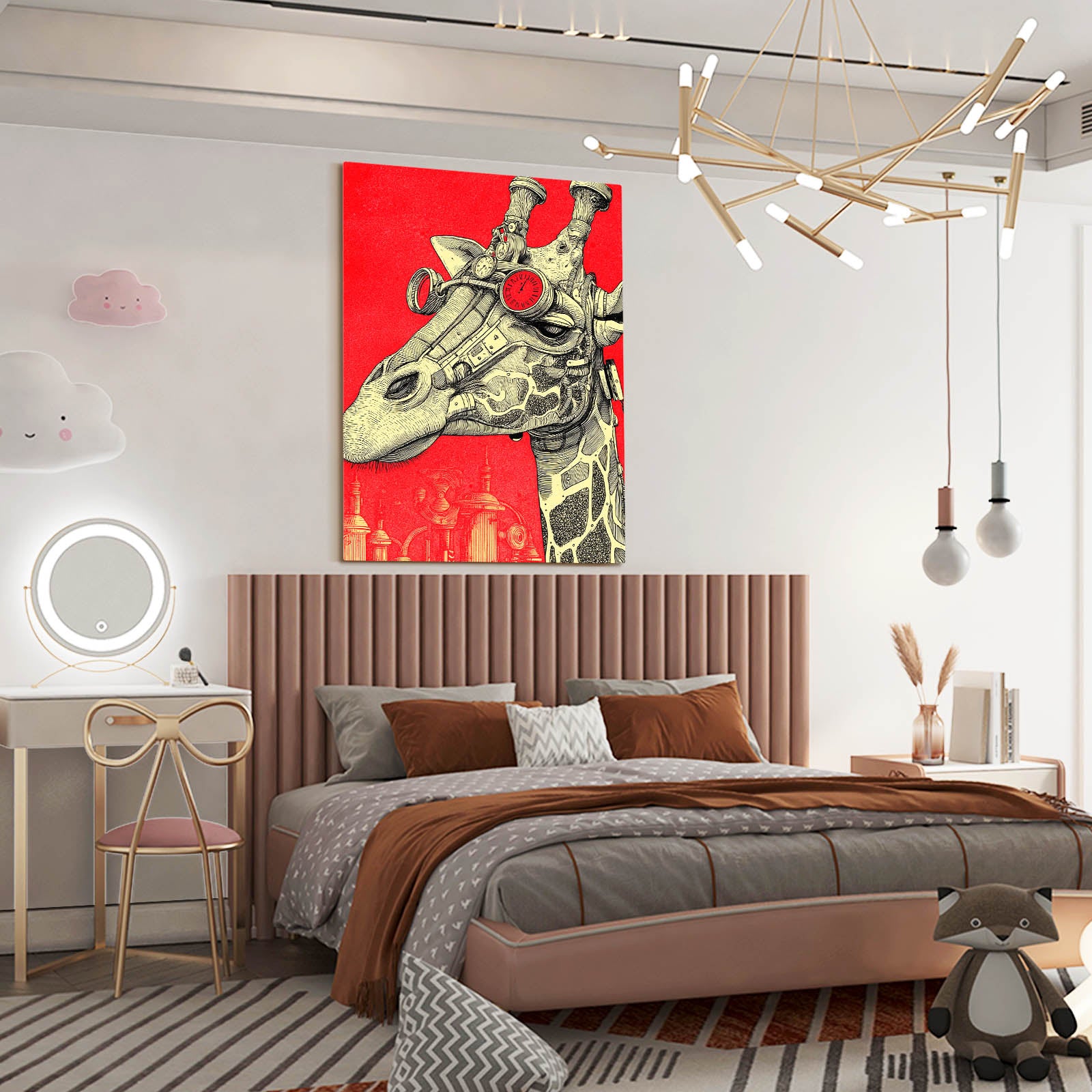 Modern bedroom with a giraffe painting on the wall