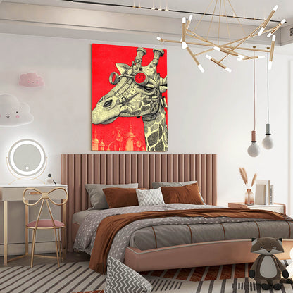 Modern bedroom with a giraffe painting on the wall