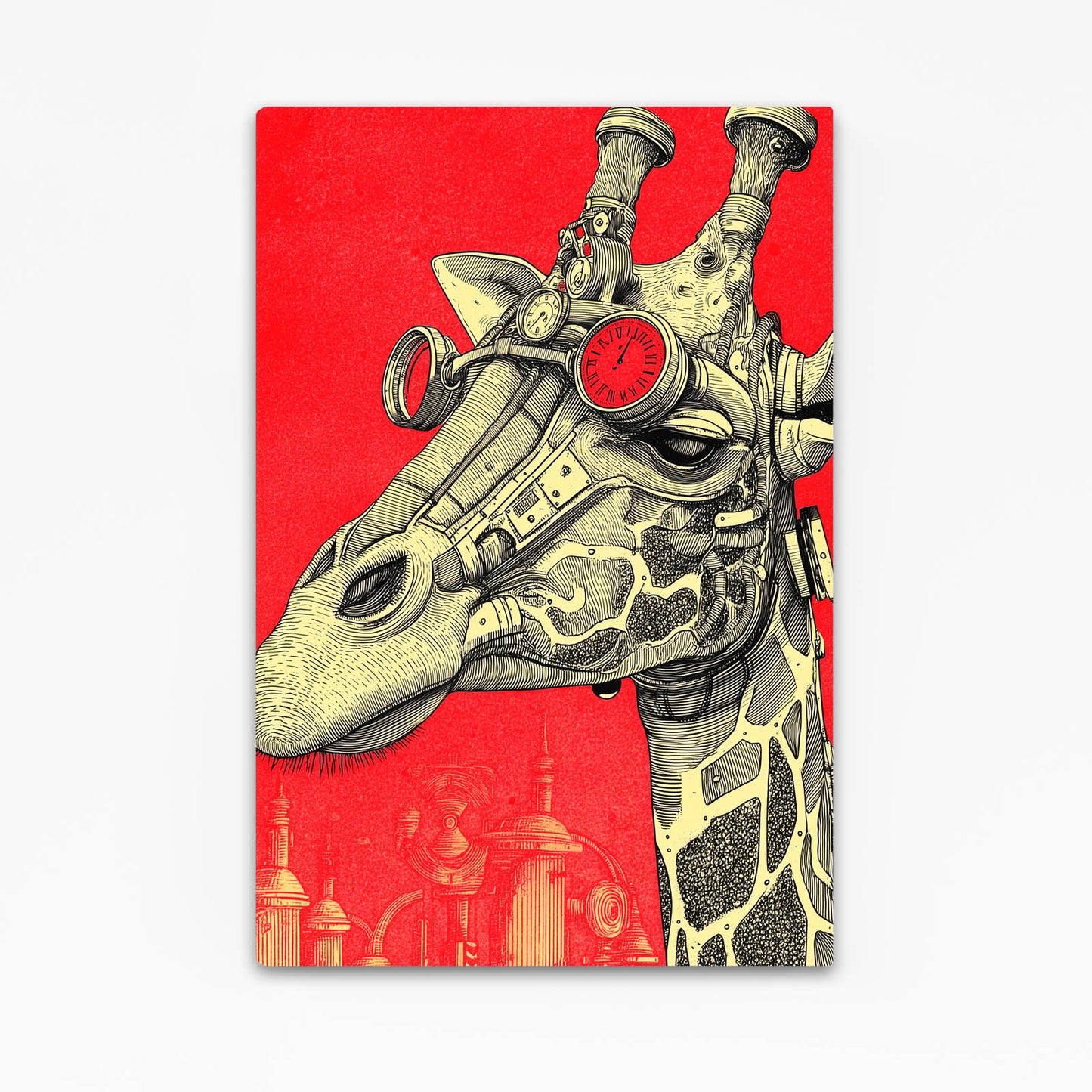 Giraffe with mechanical parts and a clock on a red background