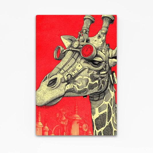 Giraffe with mechanical parts and a clock on a red background