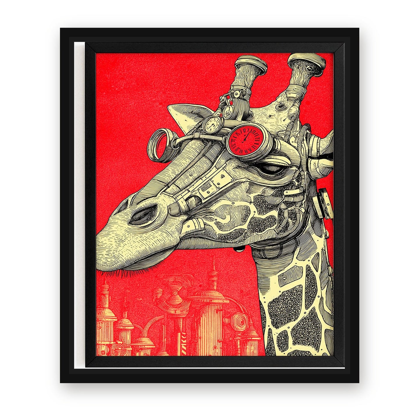 Steampunk Giraffe Artwork – with Premium Black frame on white background