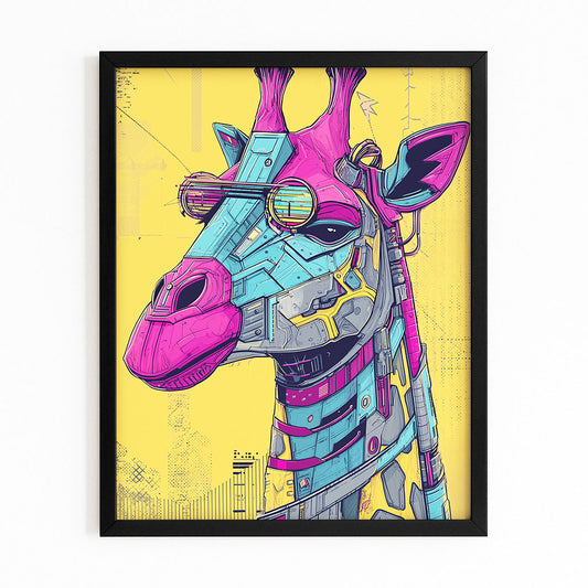 Framed artwork of a stylized giraffe with mechanical elements on a yellow background