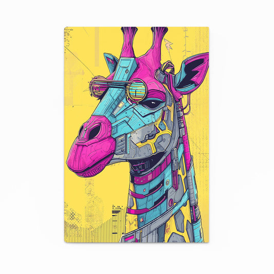 Colorful mechanical giraffe design on a yellow background