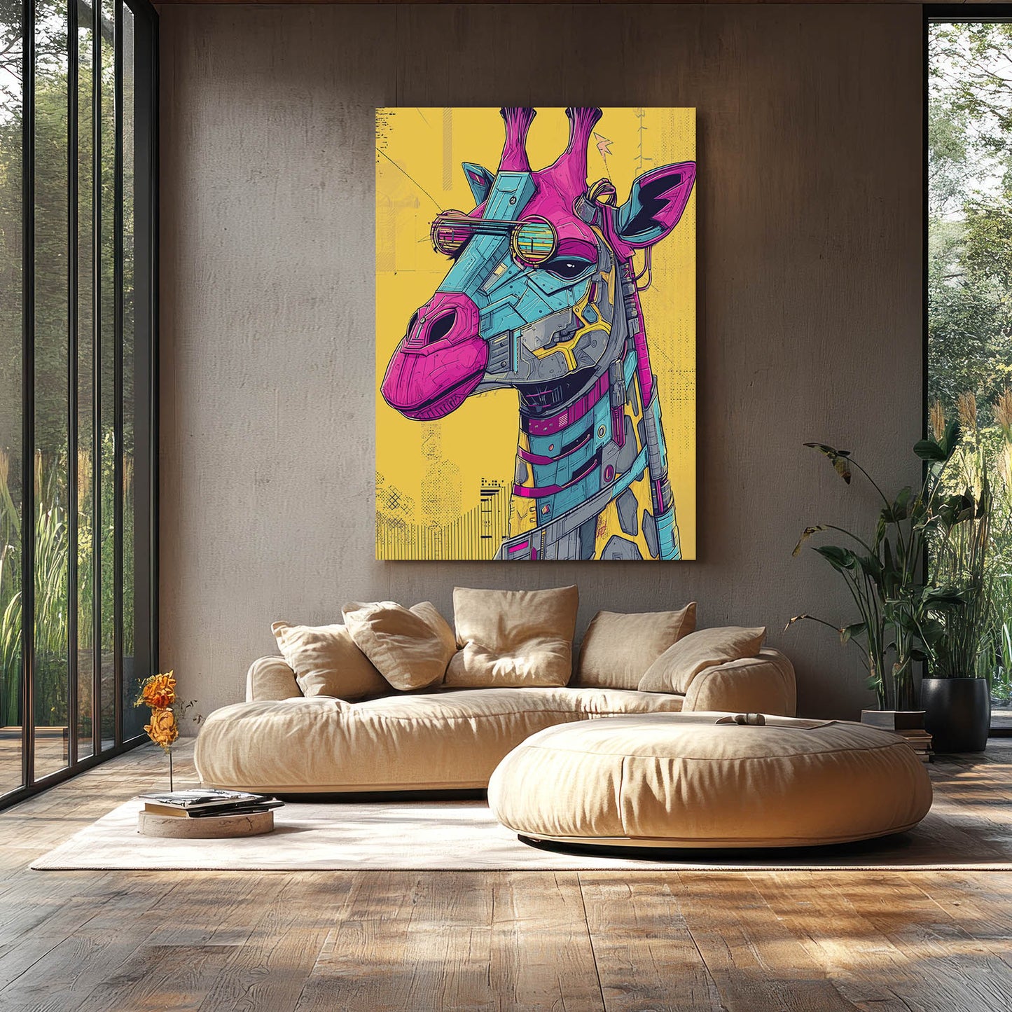 Colorful giraffe artwork on a wall above a beige sofa in a modern living room.