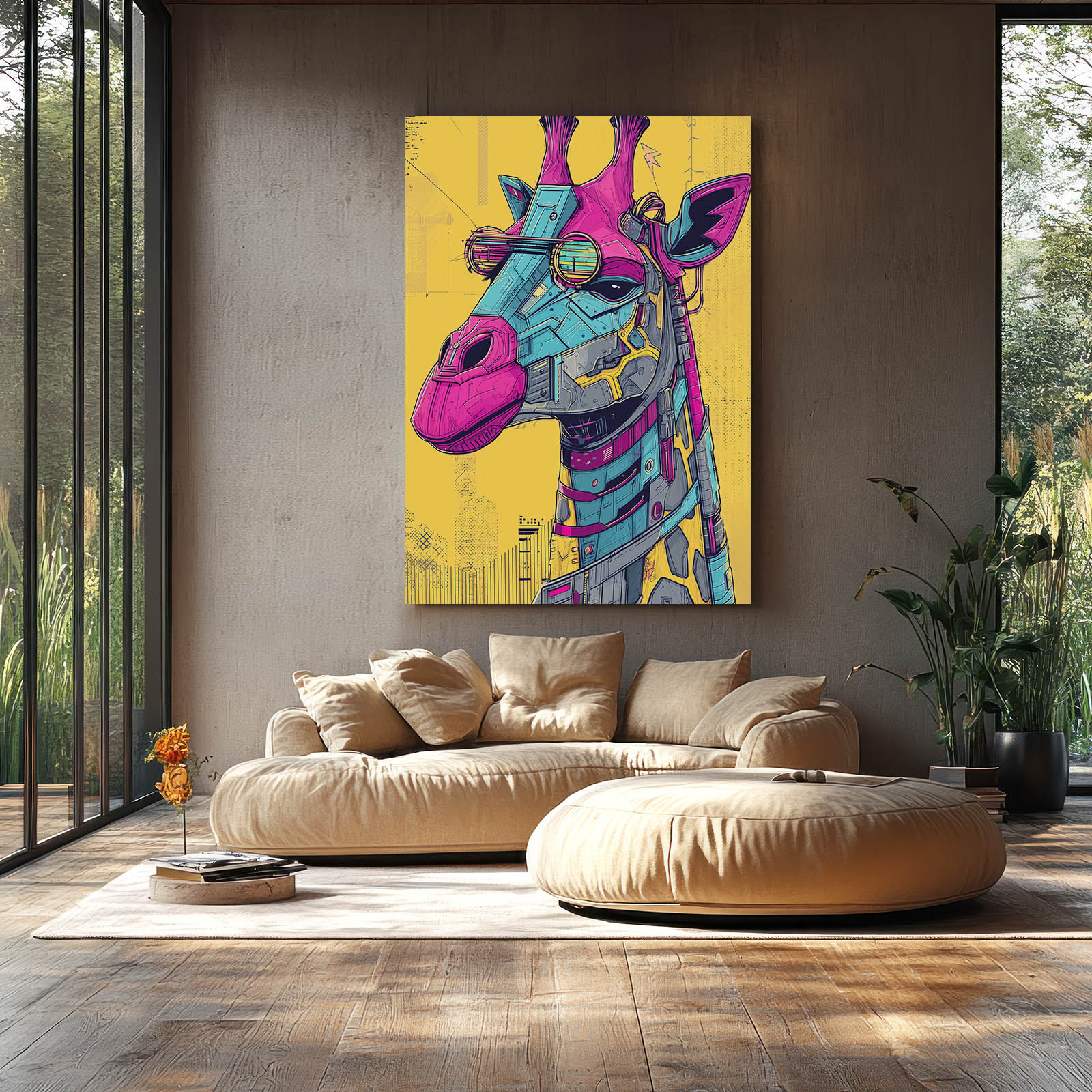 Colorful giraffe artwork on a wall above a beige sofa in a modern living room.