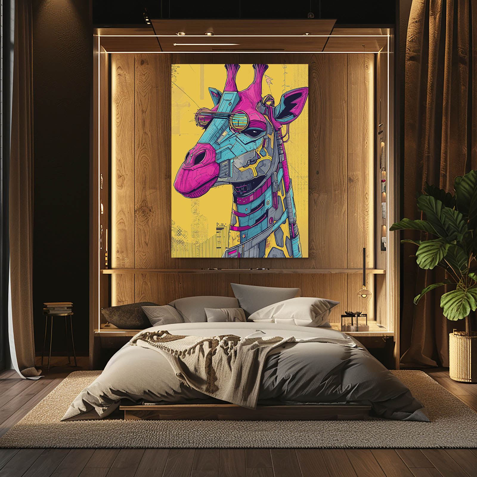 Colorful giraffe painting on a wooden wall above a bed in a bedroom.