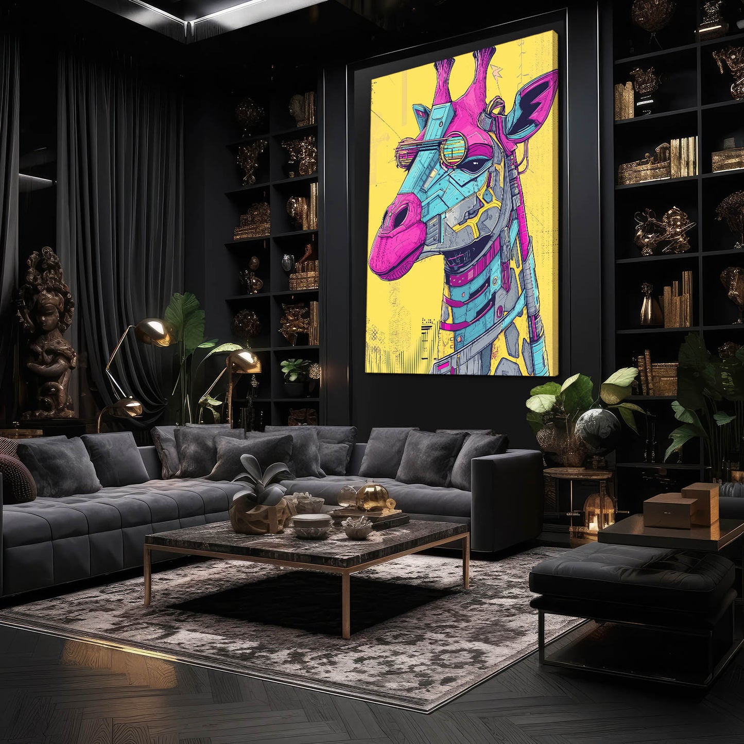 Modern living room with a colorful giraffe painting on the wall