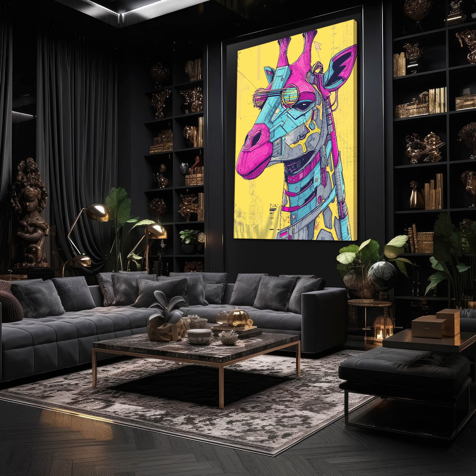 Modern living room with a colorful giraffe painting on the wall