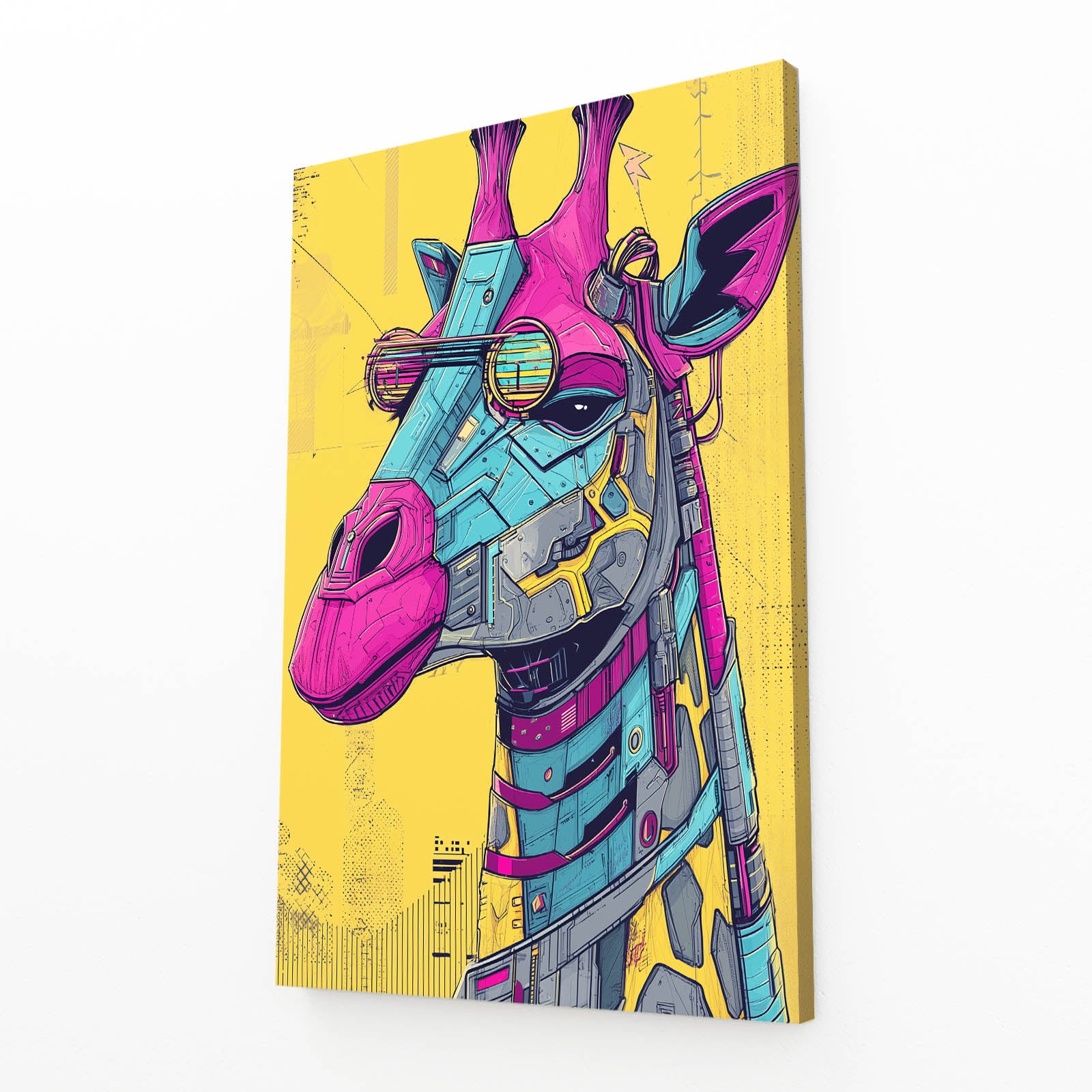 Colorful mechanical giraffe illustration on a yellow background