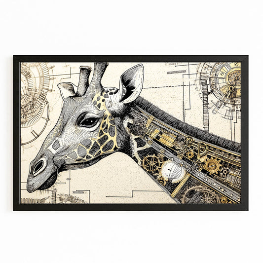Giraffe head with mechanical gears on a technical drawing background