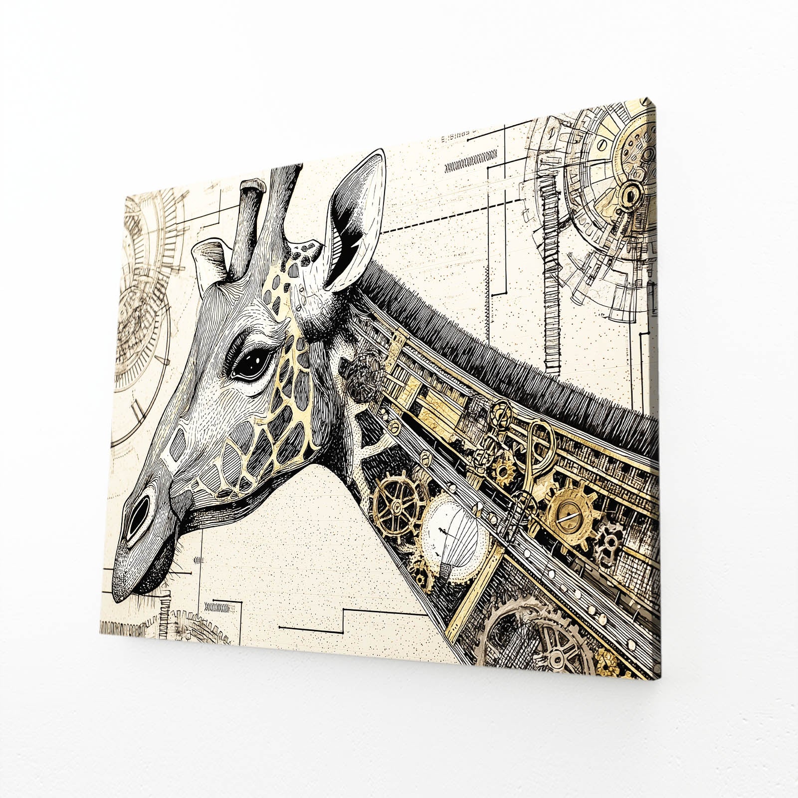 Canvas print with a mechanical giraffe design on a white background