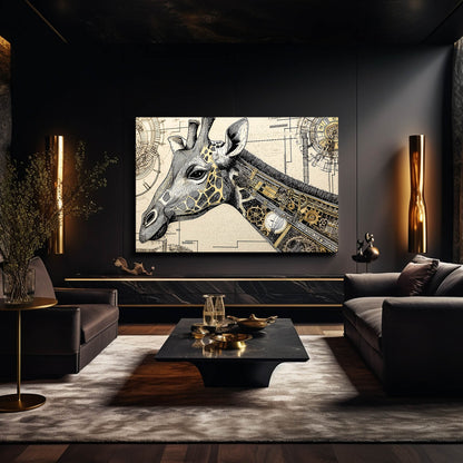Modern living room with a giraffe painting on the wall, dark furniture, and decorative elements.