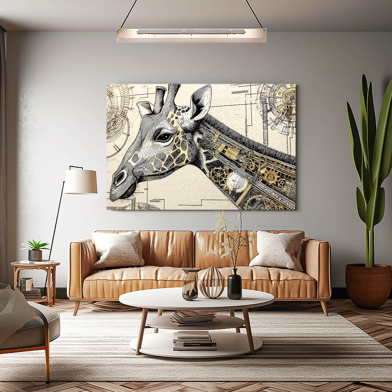 Living room with a brown leather sofa, round coffee table, and a large wall art of a giraffe's head.
