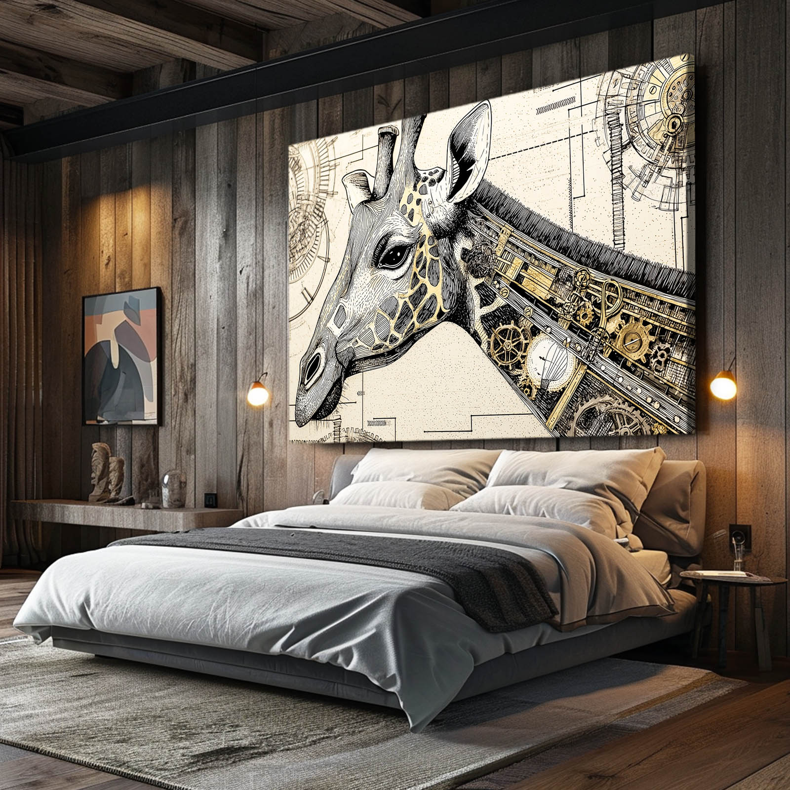 Modern bedroom with a large mechanical giraffe artwork on the wall.