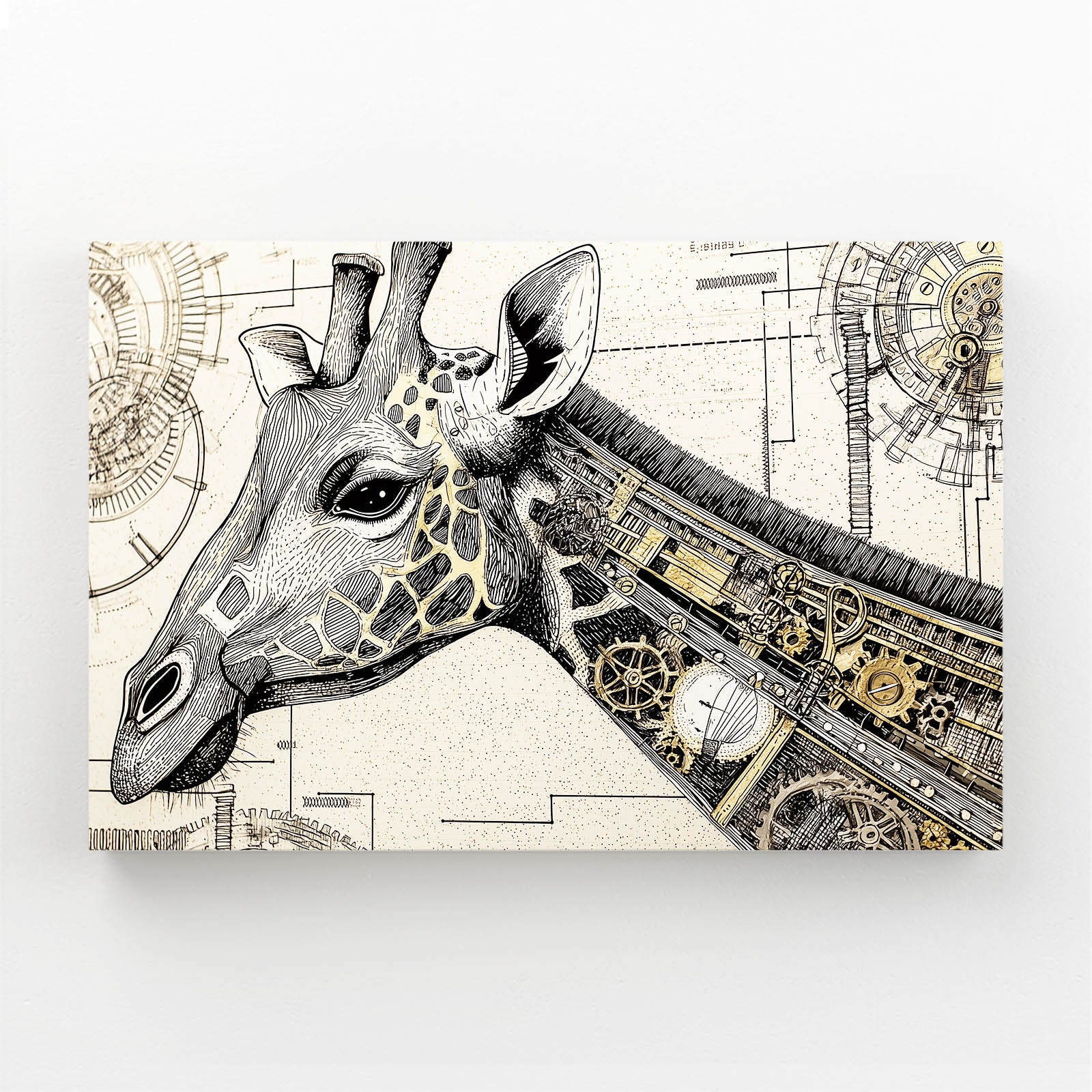 Giraffe head with mechanical elements on a technical drawing background