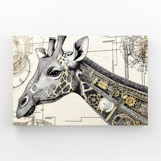 Giraffe head with mechanical elements on a technical drawing background