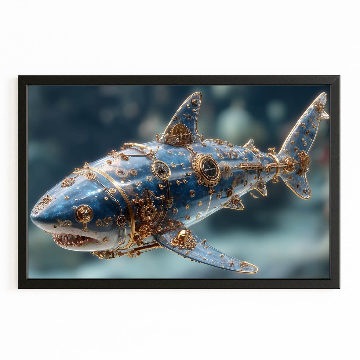 Steampunk Gold Shark Prints – with Premium Black frame on white background