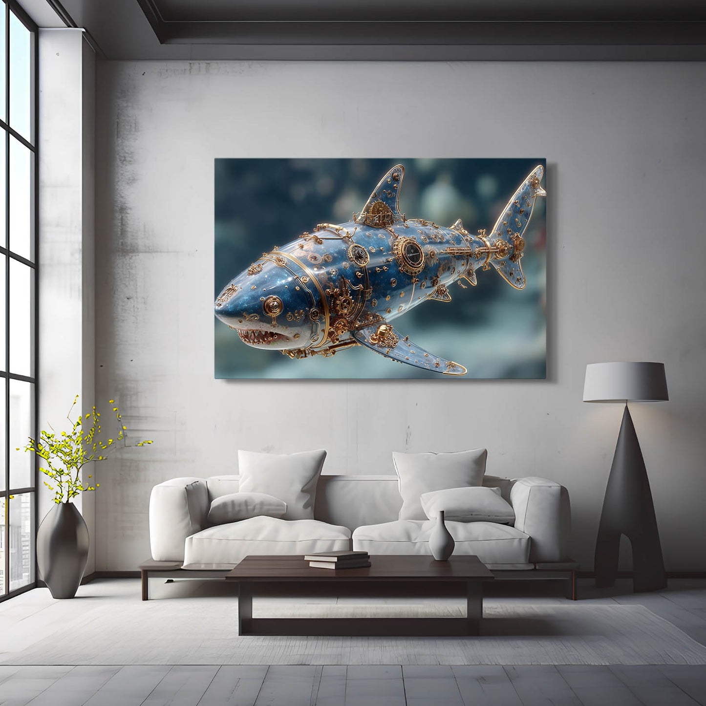 Steampunk Gold Shark Prints – styled in a furnished interior