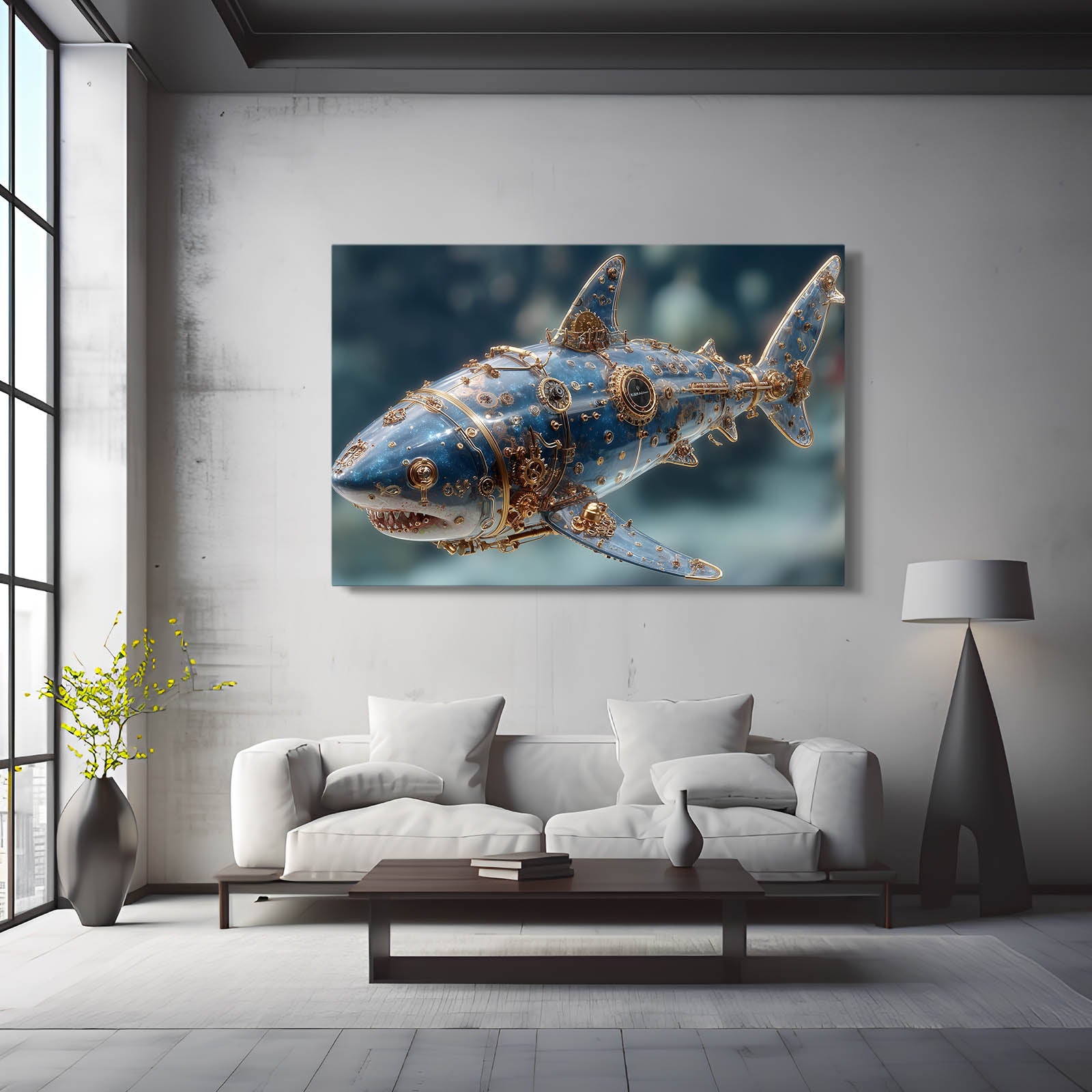 Steampunk Gold Shark Prints – styled in a furnished interior