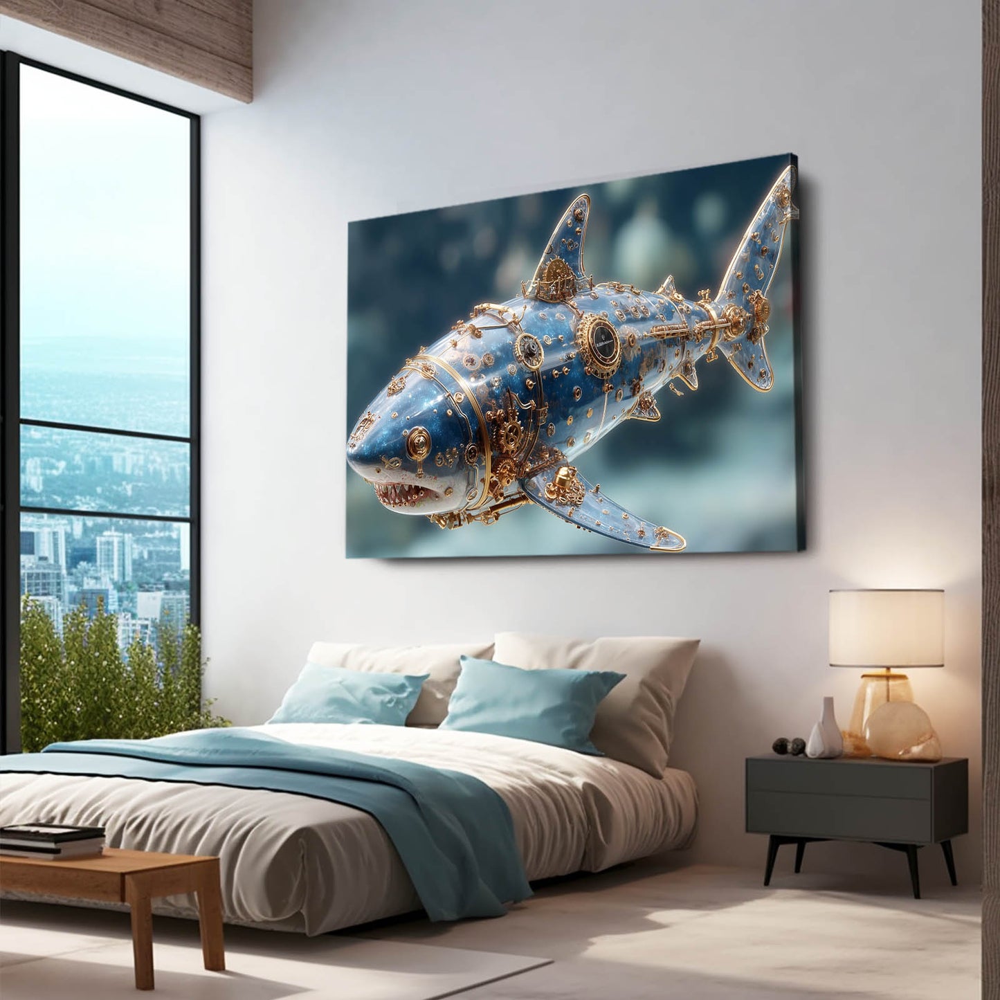 Steampunk Gold Shark Prints – styled in a furnished interior