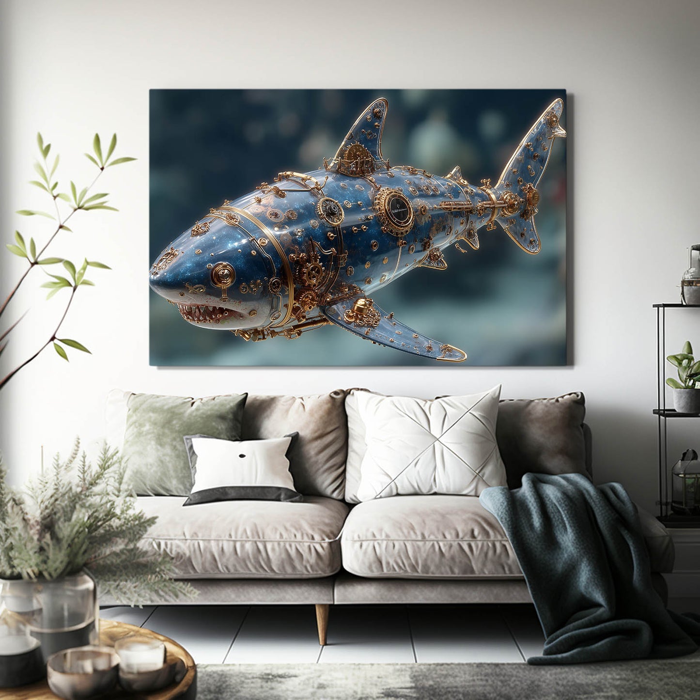 Steampunk Gold Shark Prints – styled in a furnished interior