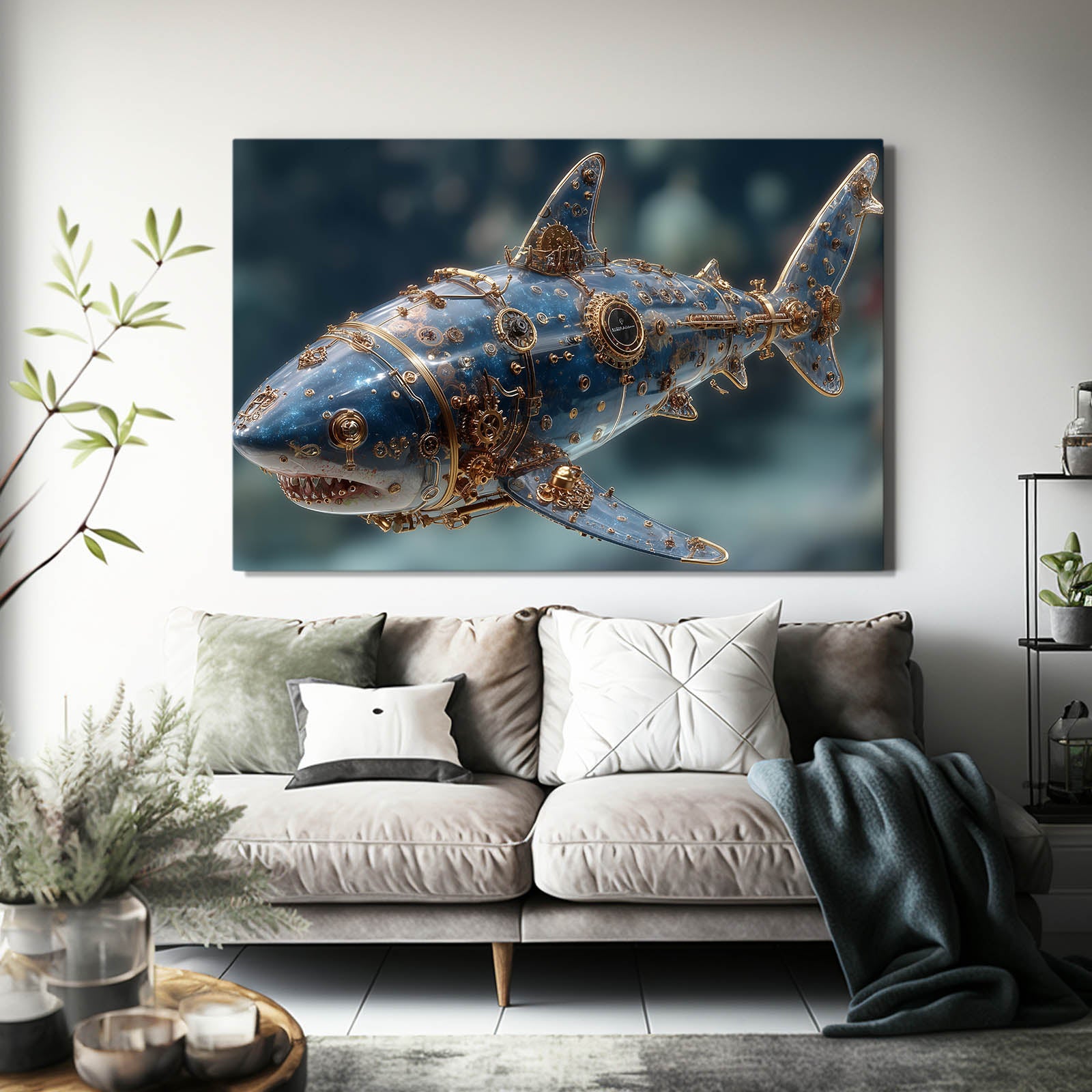 Steampunk Gold Shark Prints – styled in a furnished interior