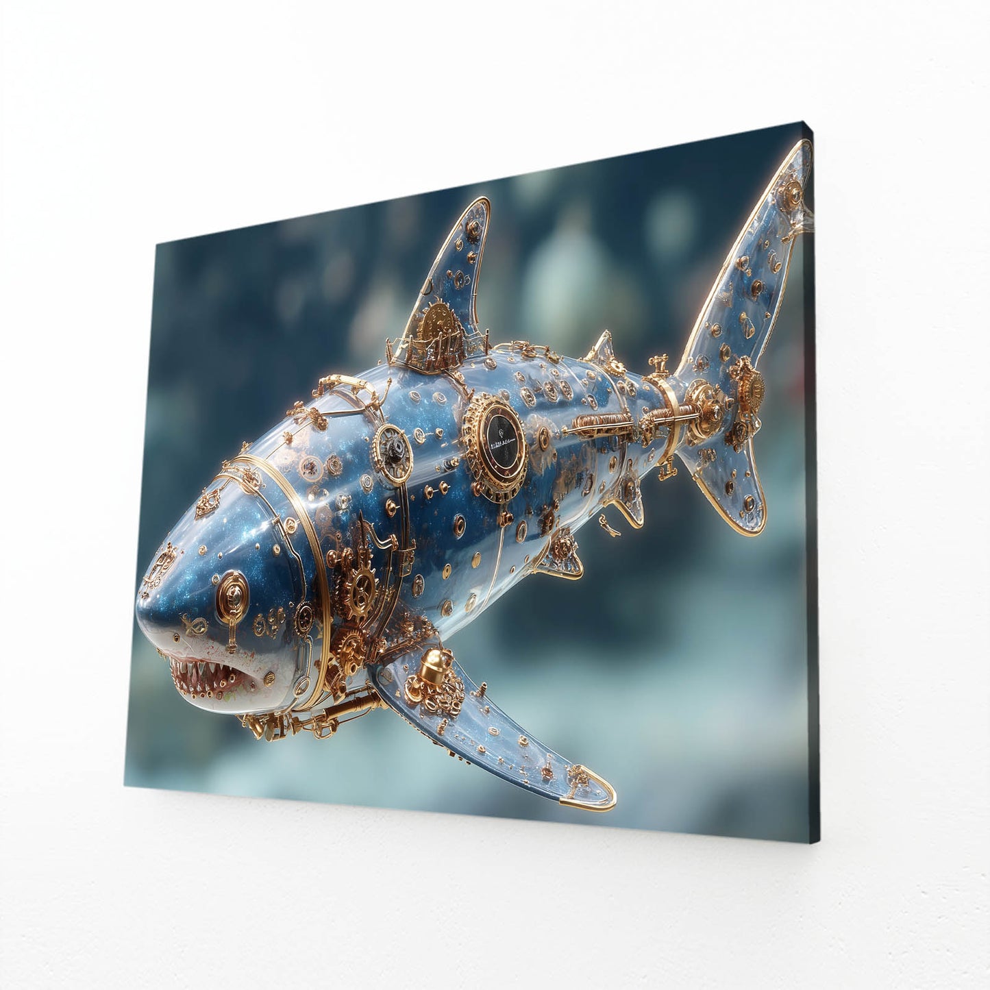 Steampunk Gold Shark Prints – angled canvas view on white background