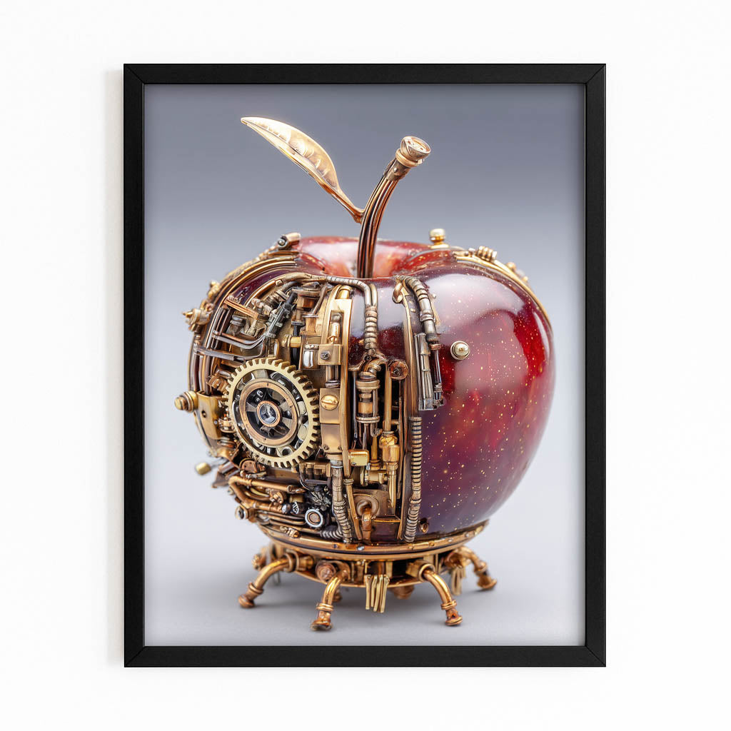 Steampunk Mechanical Apple Wall Decor – with Premium Black frame on white background