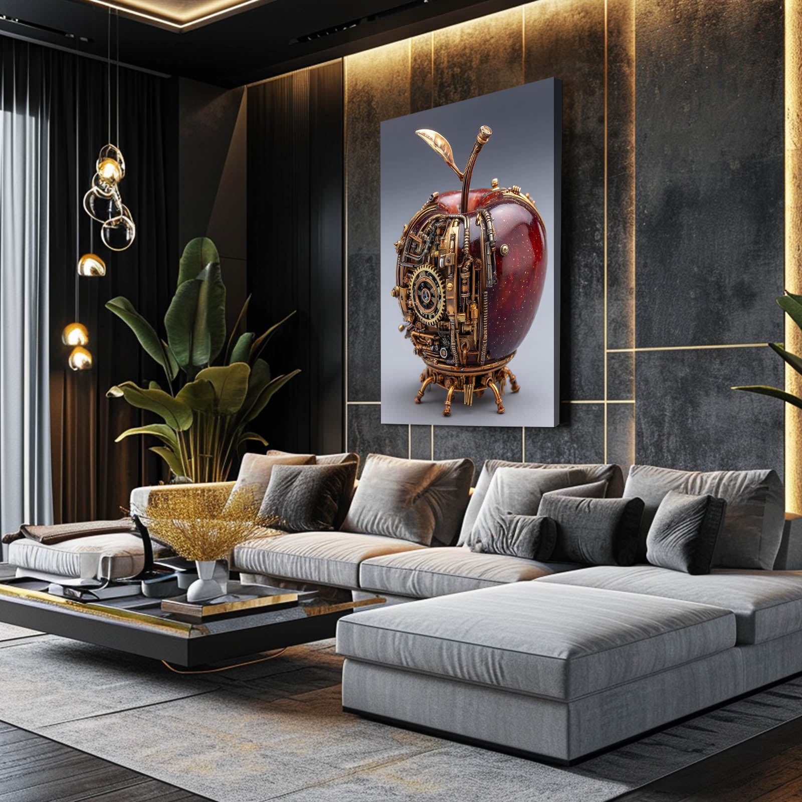Steampunk Mechanical Apple Wall Decor – styled in a furnished interior