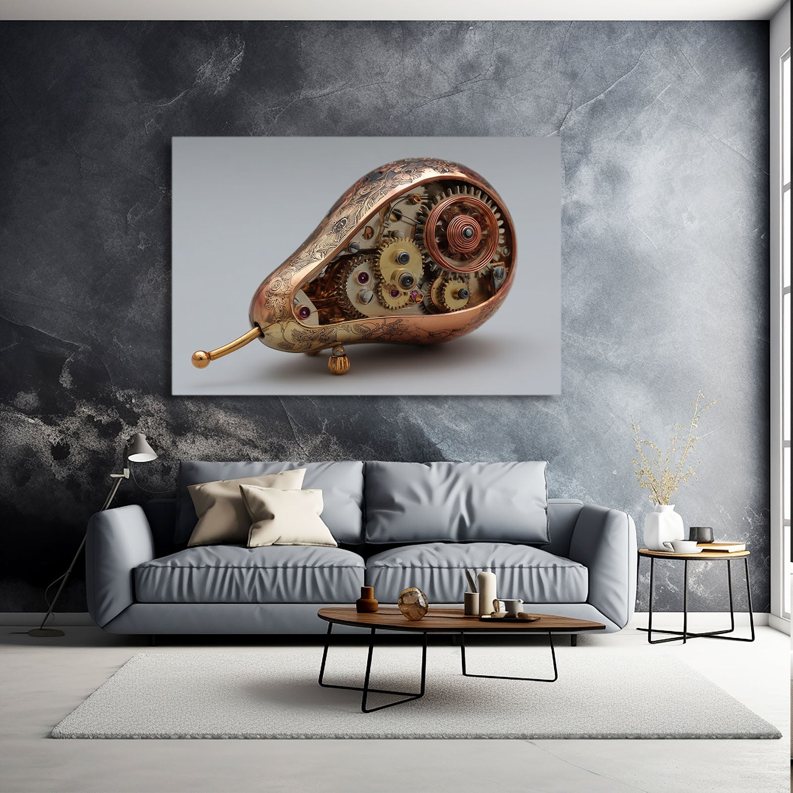 Steampunk Mechanical Pear Fruit Wall Decor – styled in a furnished interior