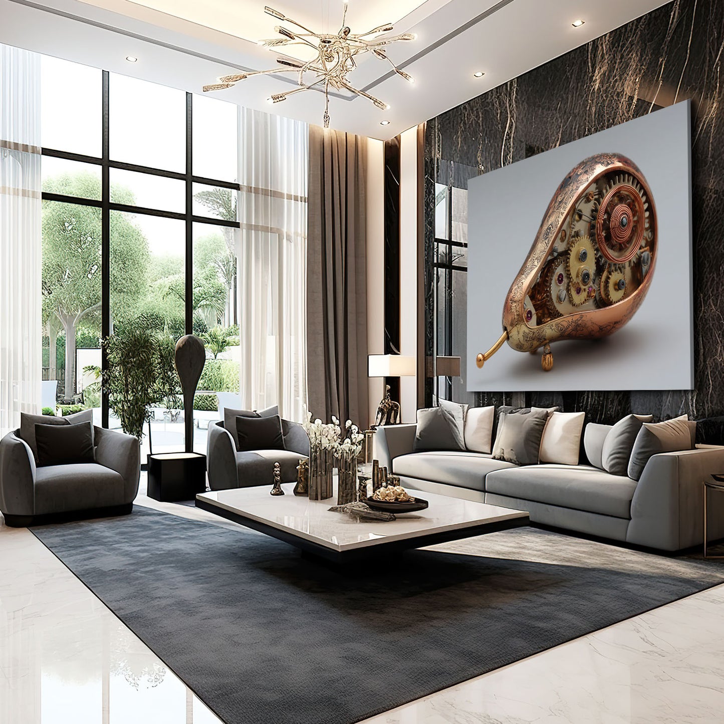 Steampunk Mechanical Pear Fruit Wall Decor – styled in a furnished interior