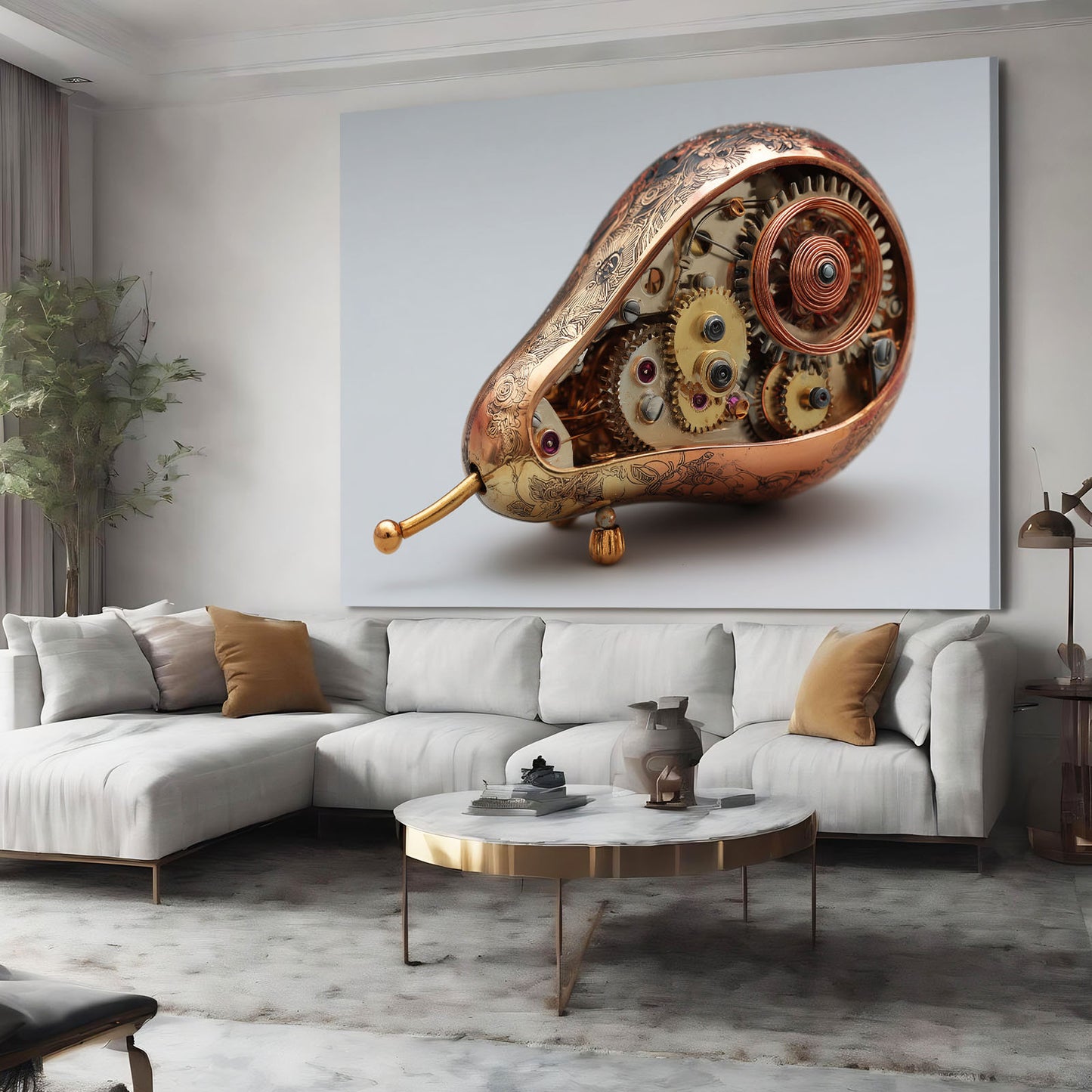 Steampunk Mechanical Pear Fruit Wall Decor – styled in a furnished interior