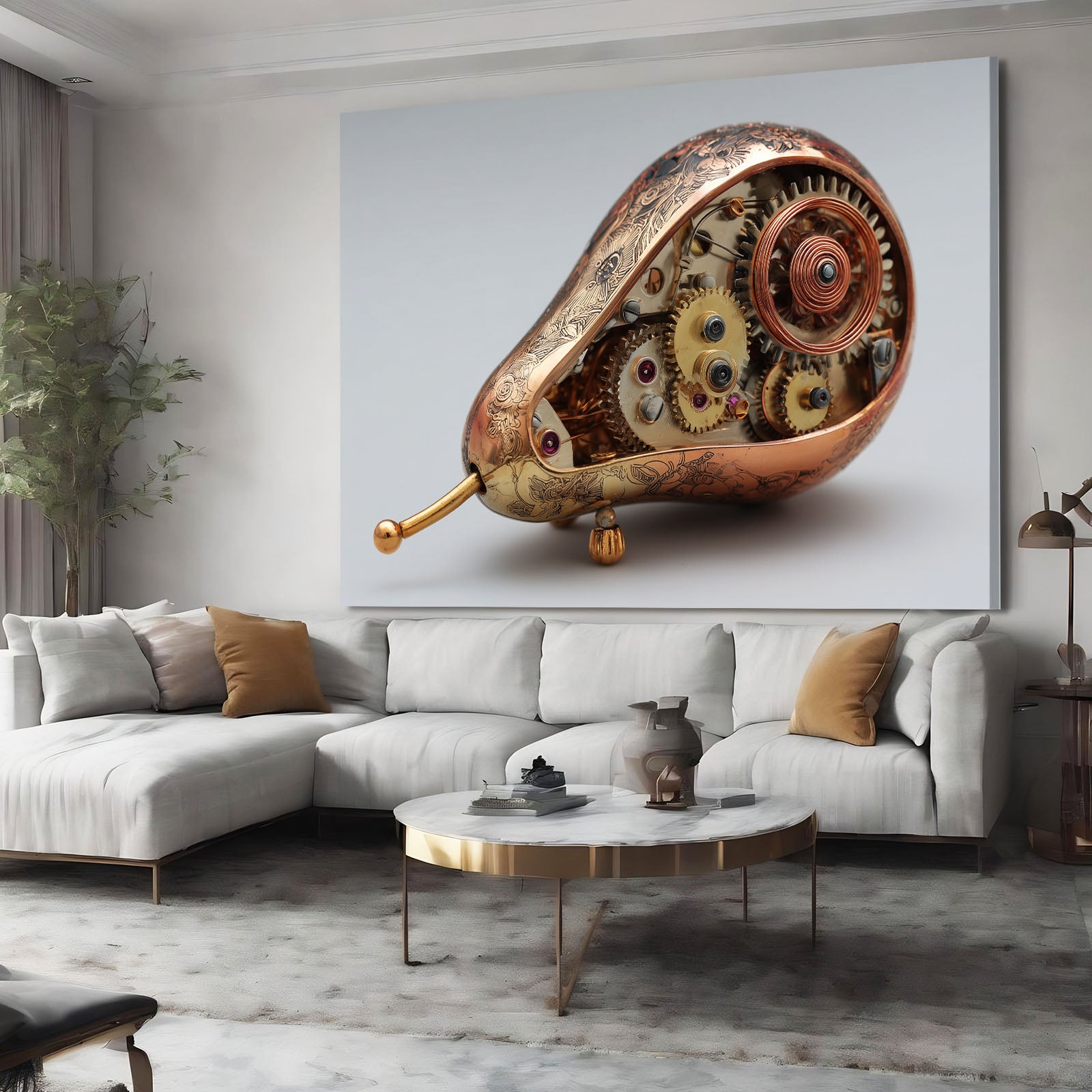 Steampunk Mechanical Pear Fruit Wall Decor – styled in a furnished interior