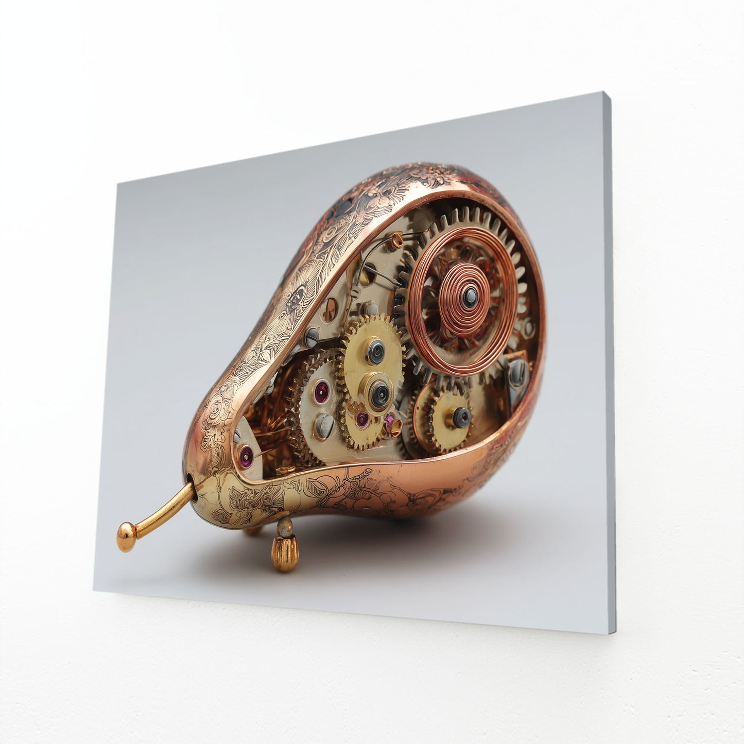 Steampunk Mechanical Pear Fruit Wall Decor – angled canvas view on white background