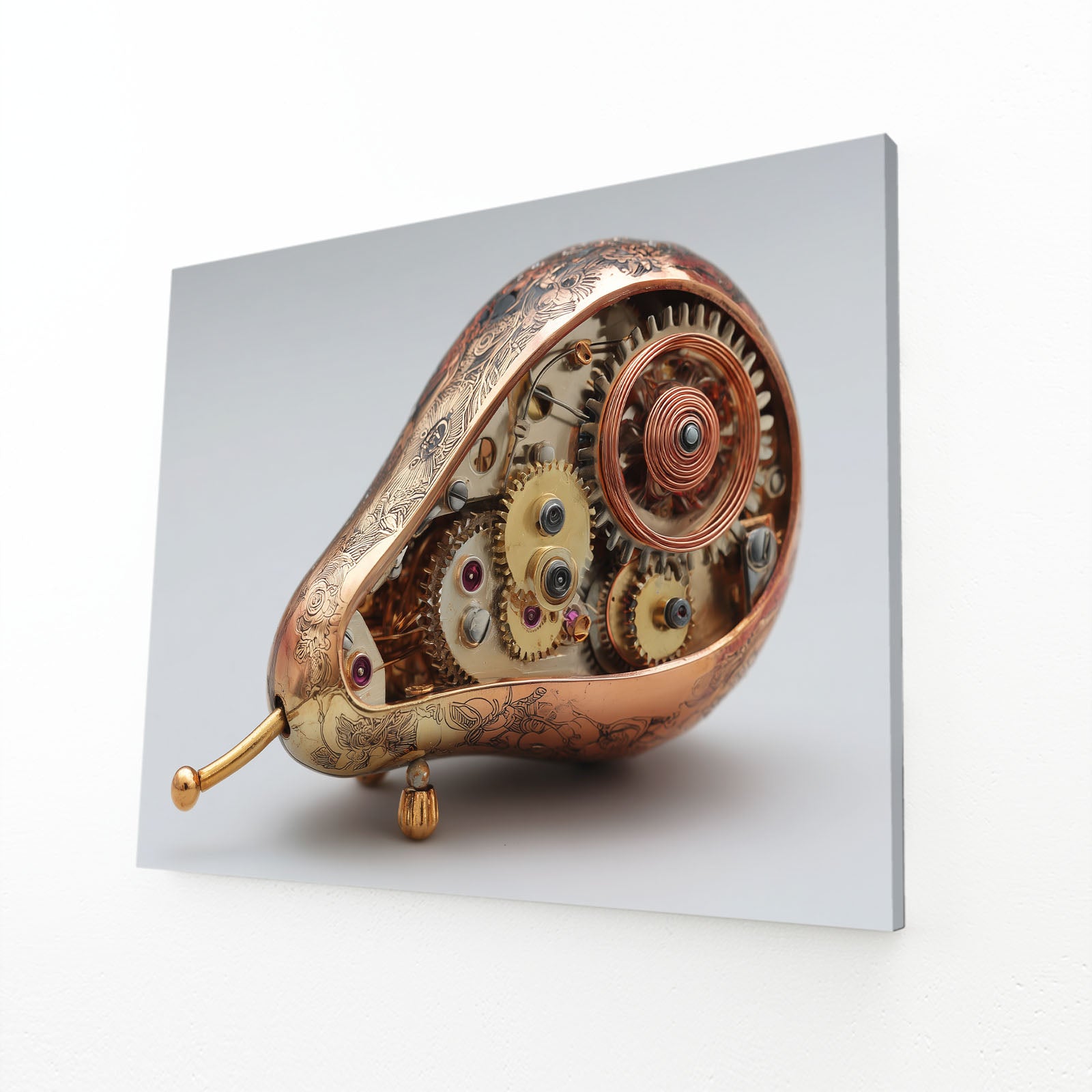 Steampunk Mechanical Pear Fruit Wall Decor – angled canvas view on white background
